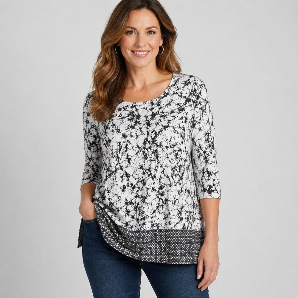 Chicos Black White Abstract Marble Print 3/4 Sleeve Scoop Neck Top Size 3 XL